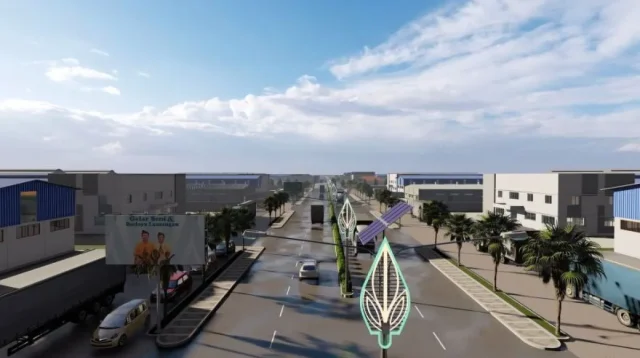 Desain pembangunan Jalan Lingkar Utara (JLU) Lamongan, Jawa Timur yang akan terkoneksi dengan Stadion Surajaya, Senin (30/12/2024). (ANTARA)